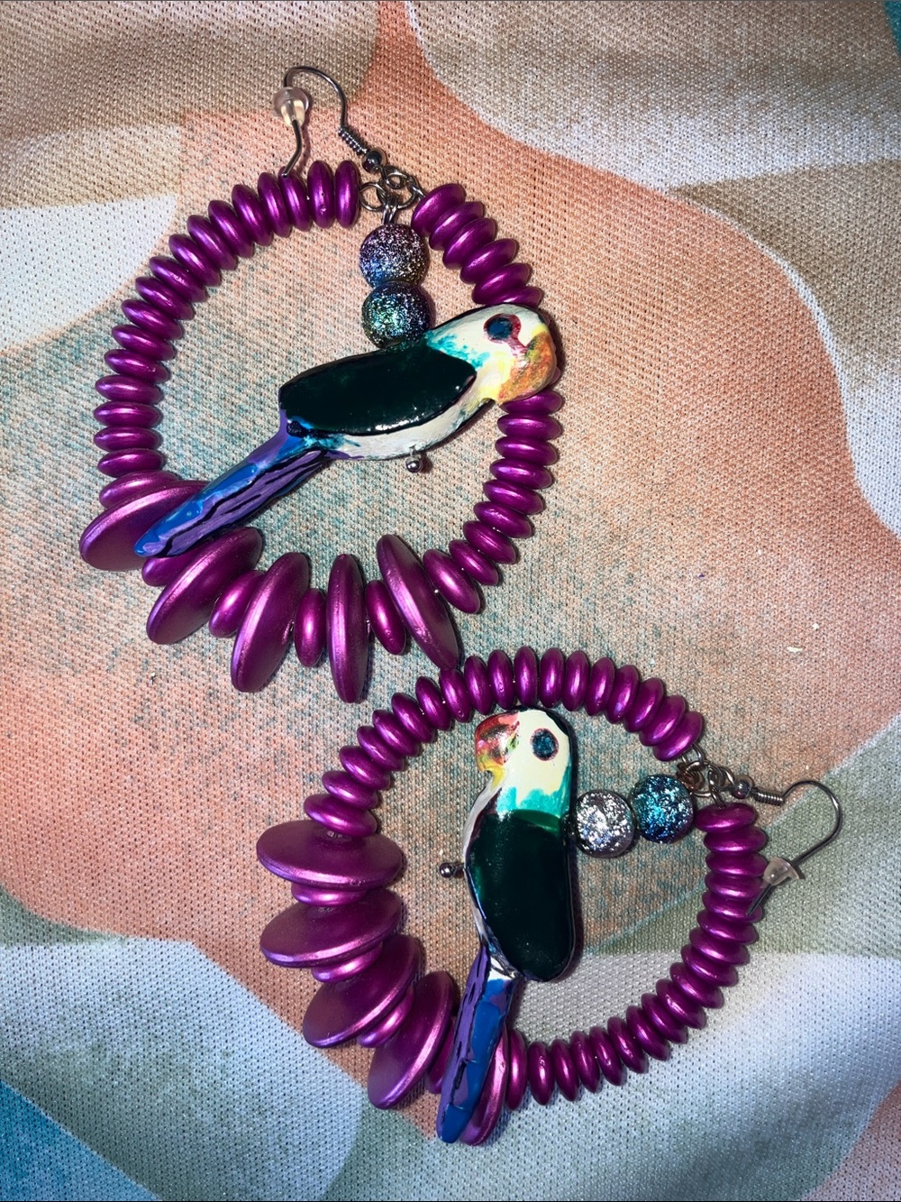 Tropical Parrot Earrings big pink purple beaded & hand painted Wood Parrot